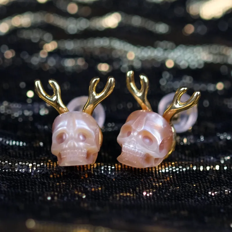Antler Pearl Skull Stud Earrings