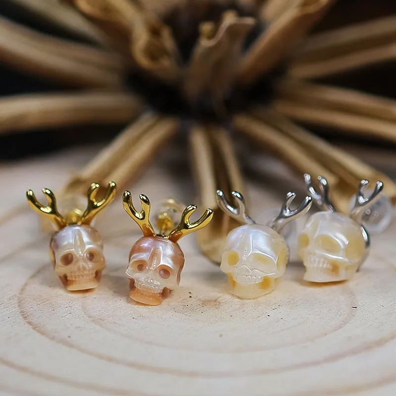 Antler Pearl Skull Stud Earrings