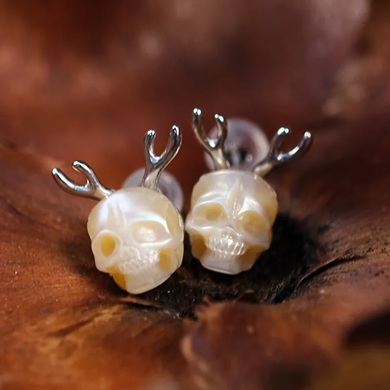 Antler Pearl Skull Stud Earrings