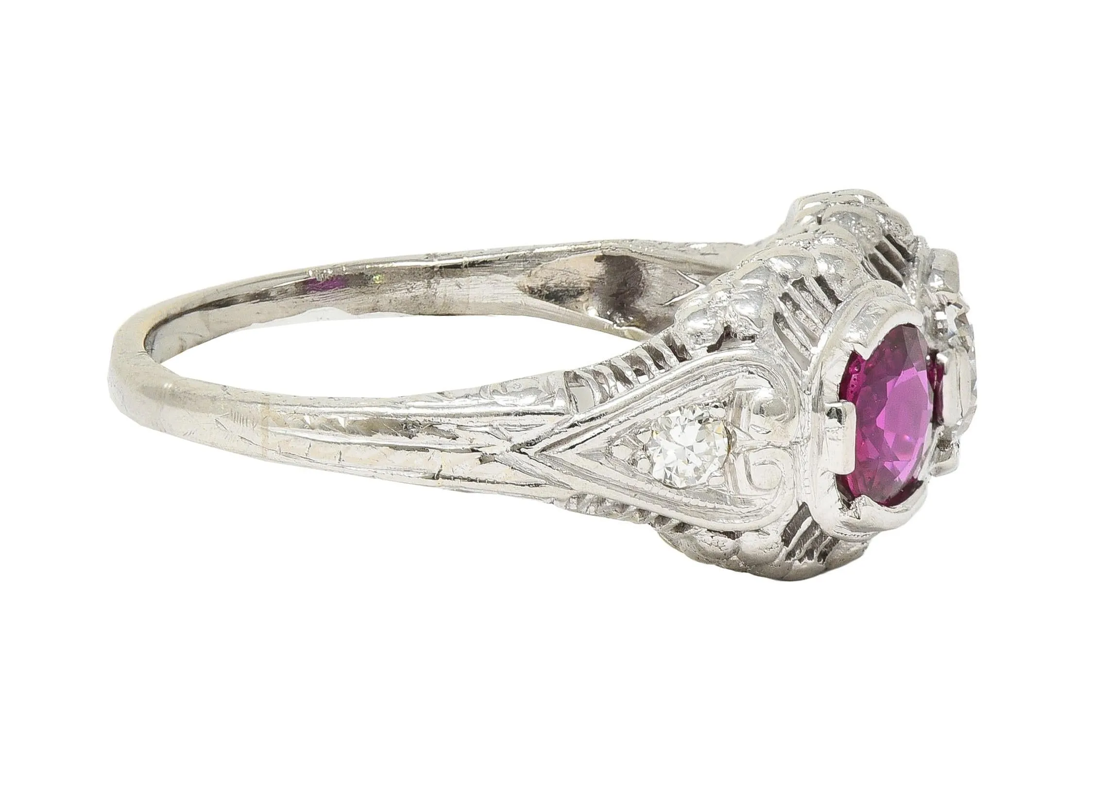 Art Deco 1.10 CTW No Heat Ruby Diamond 18 Karat White Gold Vintage Toi-Et-Moi Ring GIA