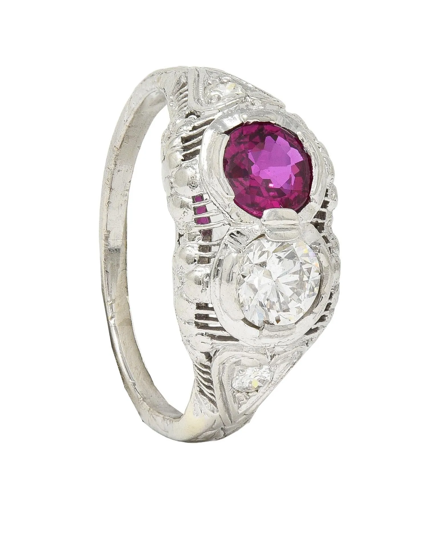 Art Deco 1.10 CTW No Heat Ruby Diamond 18 Karat White Gold Vintage Toi-Et-Moi Ring GIA