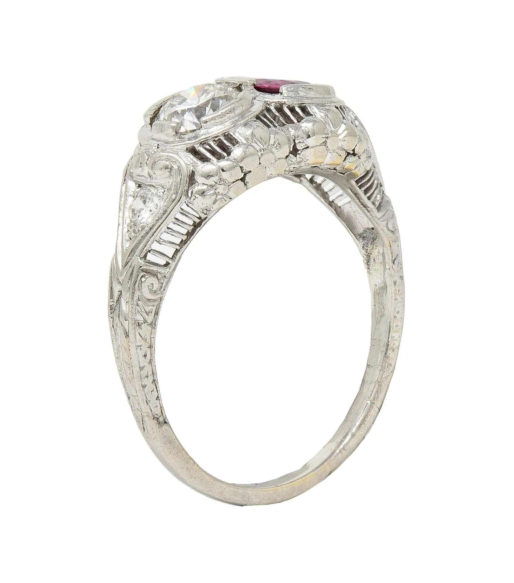 Art Deco 1.10 CTW No Heat Ruby Diamond 18 Karat White Gold Vintage Toi-Et-Moi Ring GIA