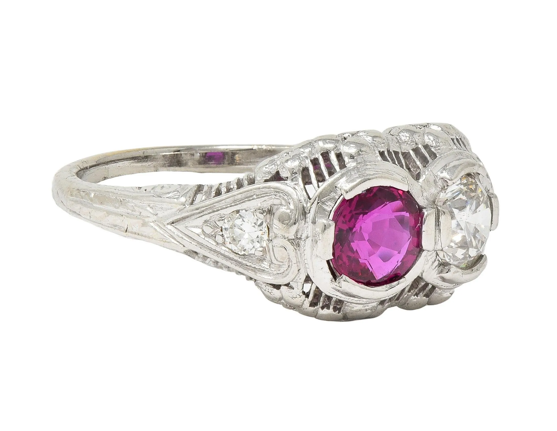 Art Deco 1.10 CTW No Heat Ruby Diamond 18 Karat White Gold Vintage Toi-Et-Moi Ring GIA