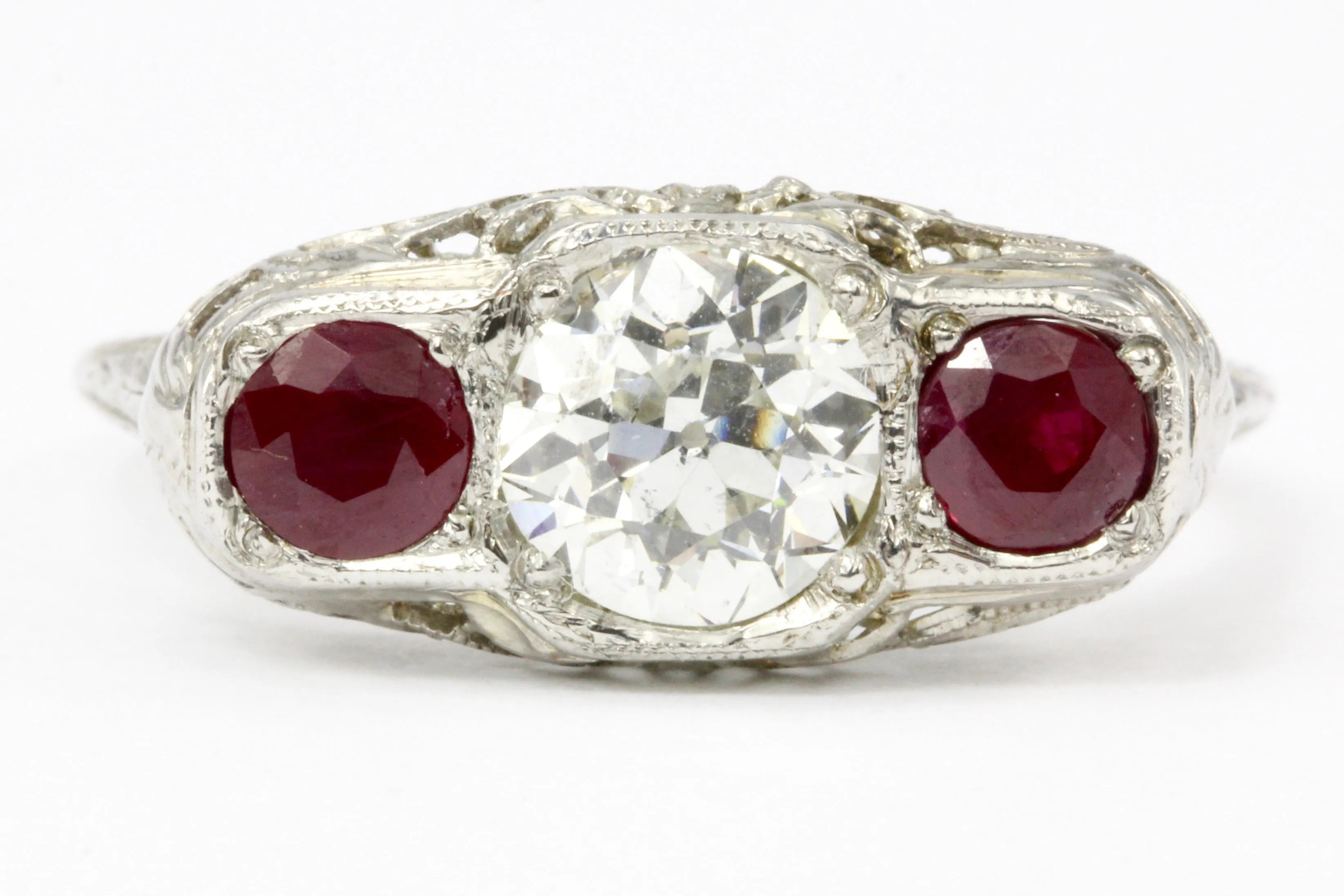 Art Deco 14K White Gold Old European Cut GIA Certified Diamond Ruby Ring c.1920's
