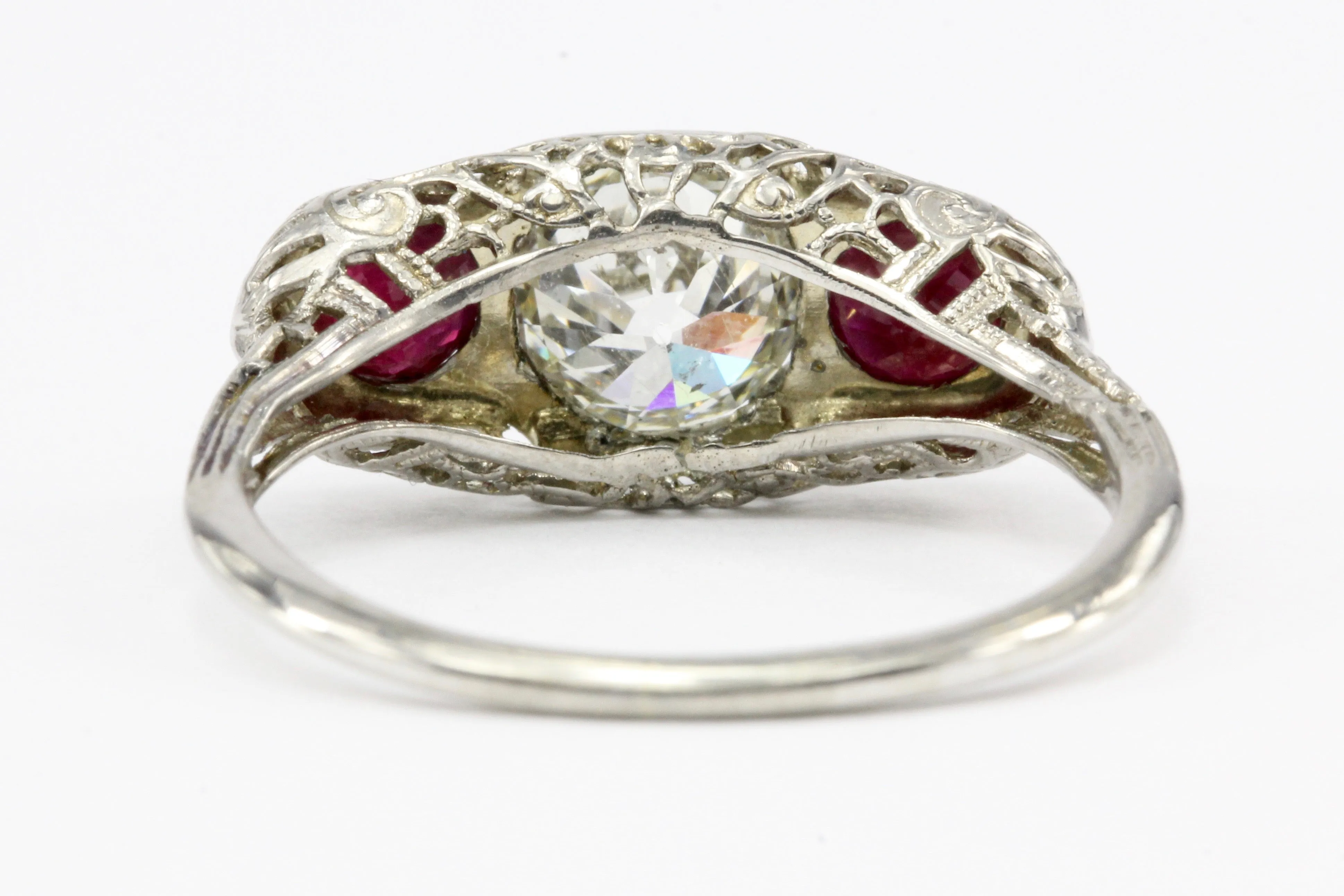 Art Deco 14K White Gold Old European Cut GIA Certified Diamond Ruby Ring c.1920's