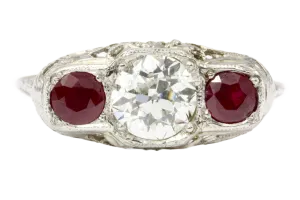 Art Deco 14K White Gold Old European Cut GIA Certified Diamond Ruby Ring c.1920's