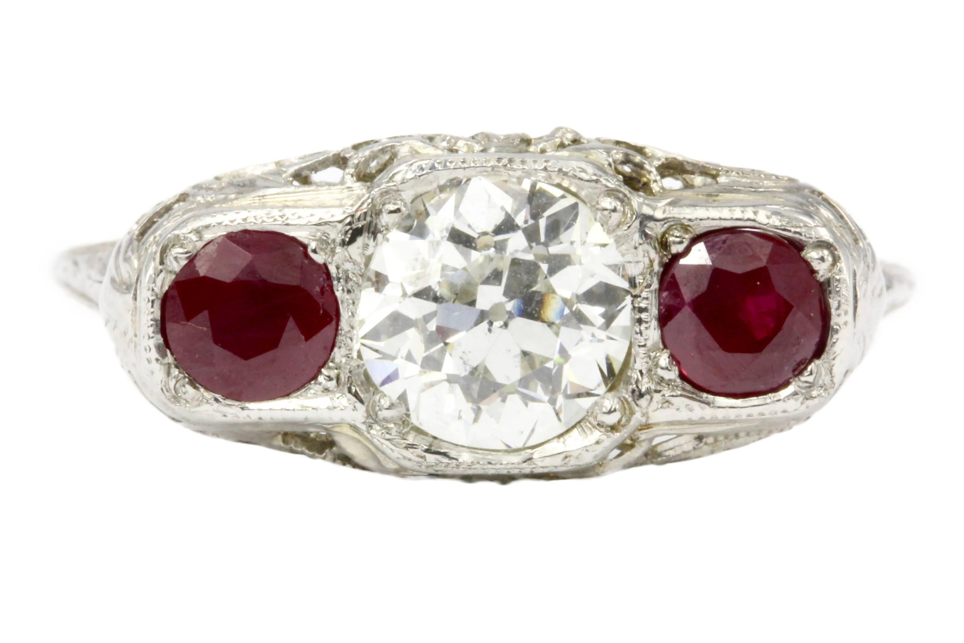 Art Deco 14K White Gold Old European Cut GIA Certified Diamond Ruby Ring c.1920's