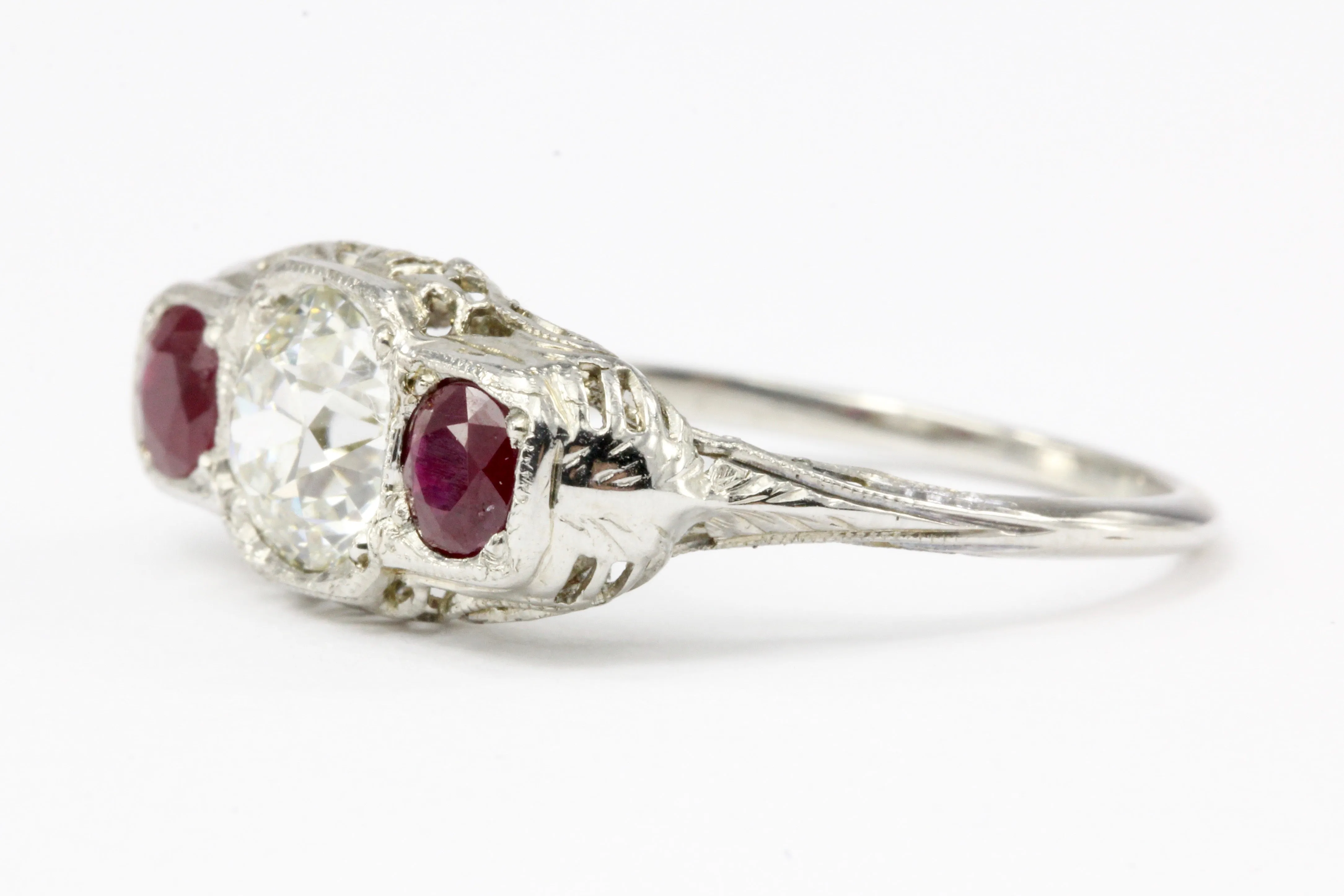 Art Deco 14K White Gold Old European Cut GIA Certified Diamond Ruby Ring c.1920's