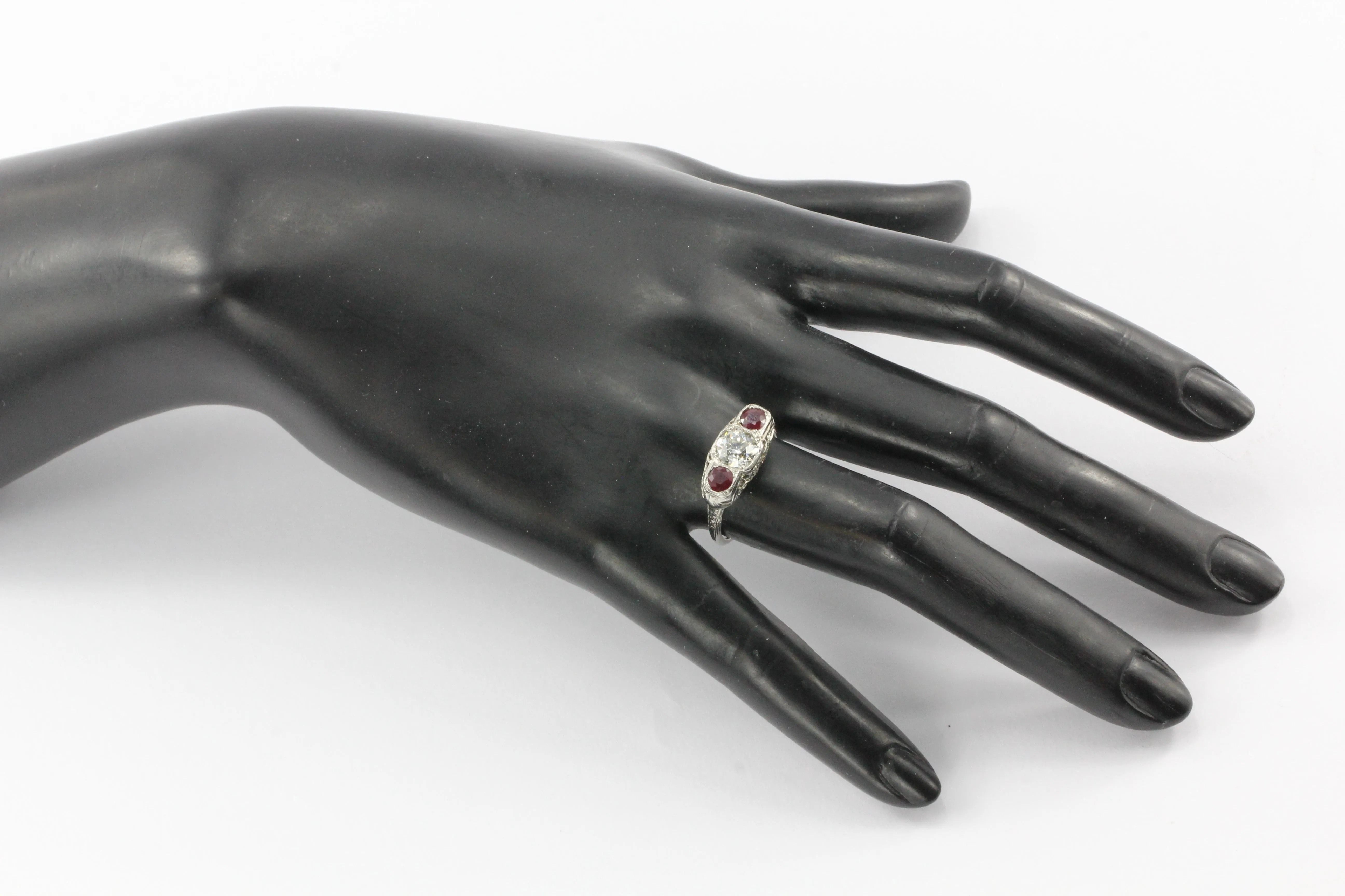 Art Deco 14K White Gold Old European Cut GIA Certified Diamond Ruby Ring c.1920's