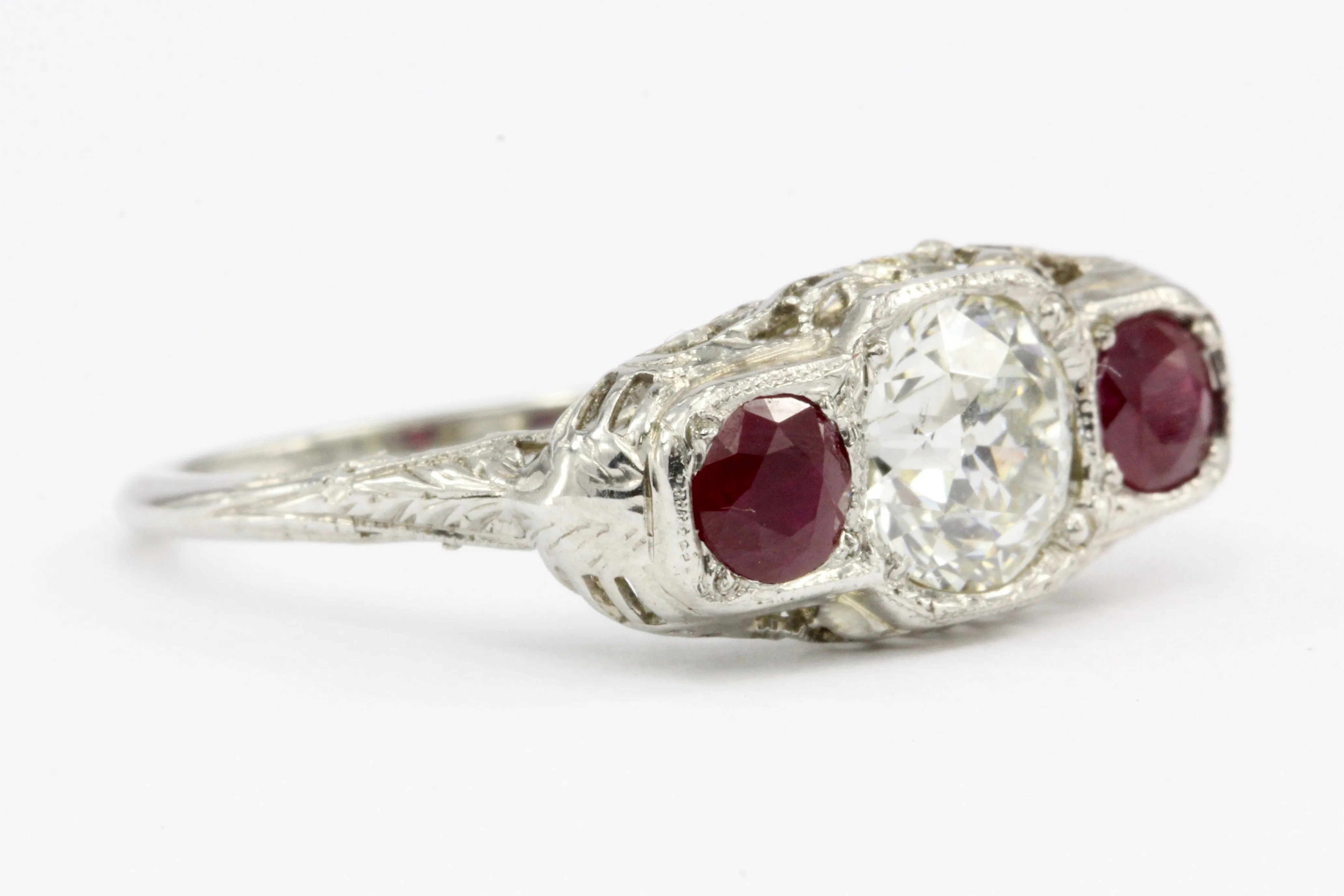Art Deco 14K White Gold Old European Cut GIA Certified Diamond Ruby Ring c.1920's
