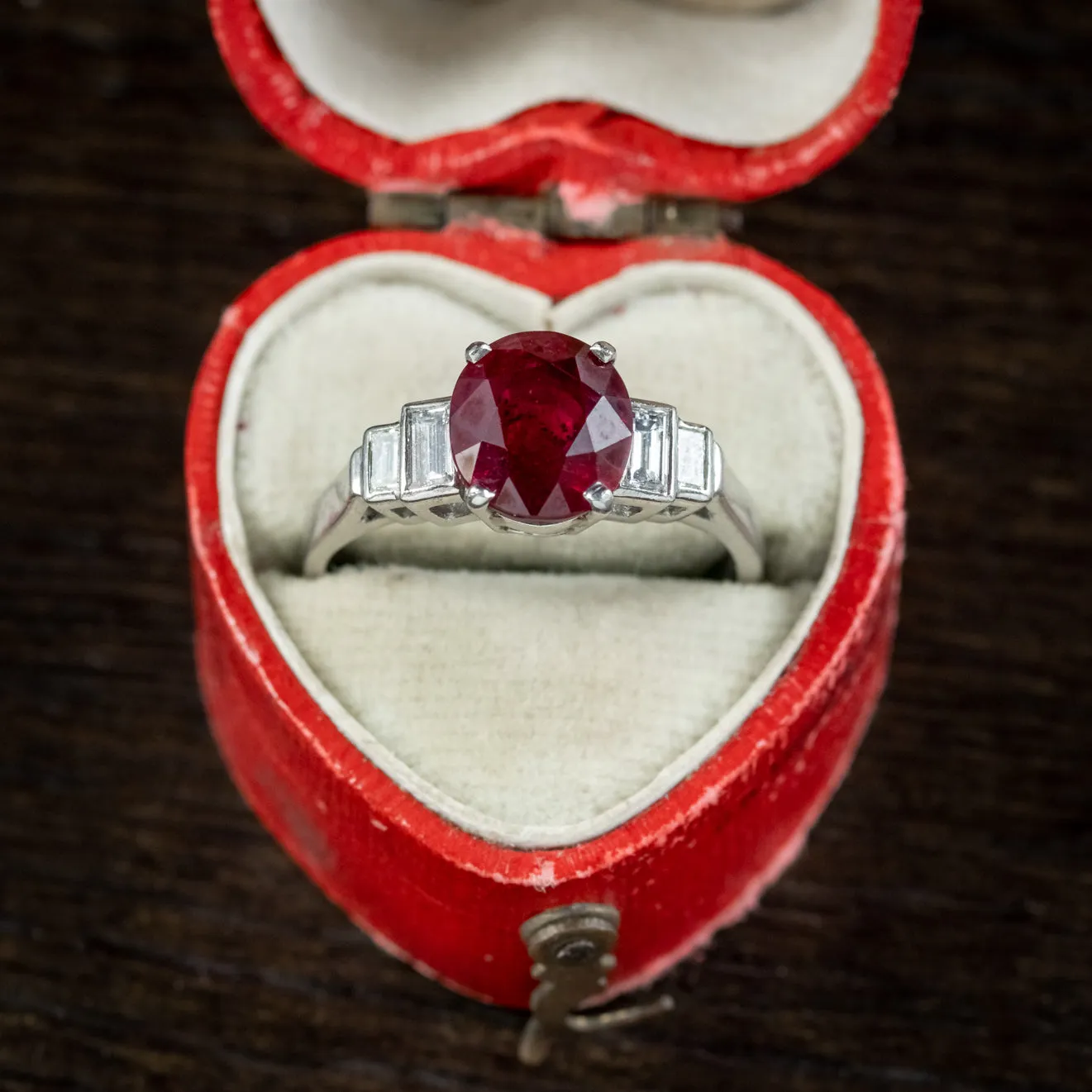 Art Deco French Burmese Ruby Diamond Ring 2.40ct Ruby With Cert