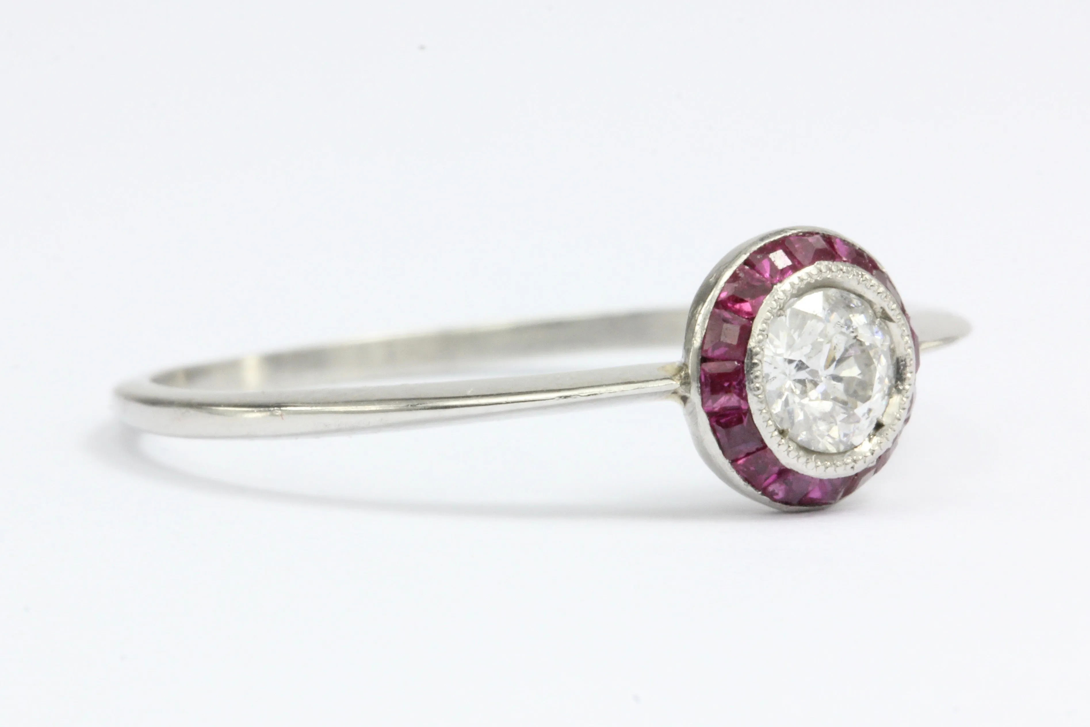 Art Deco Platinum Diamond and Ruby Halo Ring Size 7.25