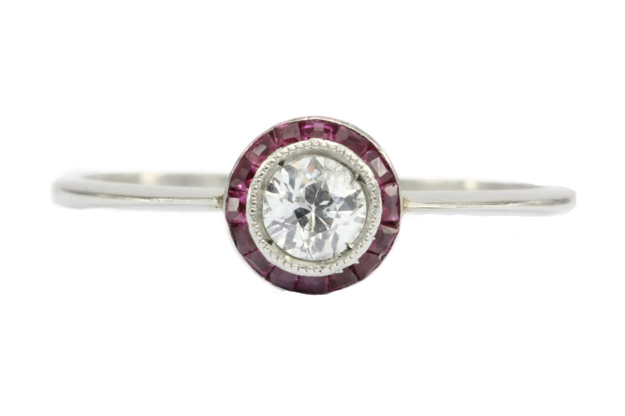 Art Deco Platinum Diamond and Ruby Halo Ring Size 7.25