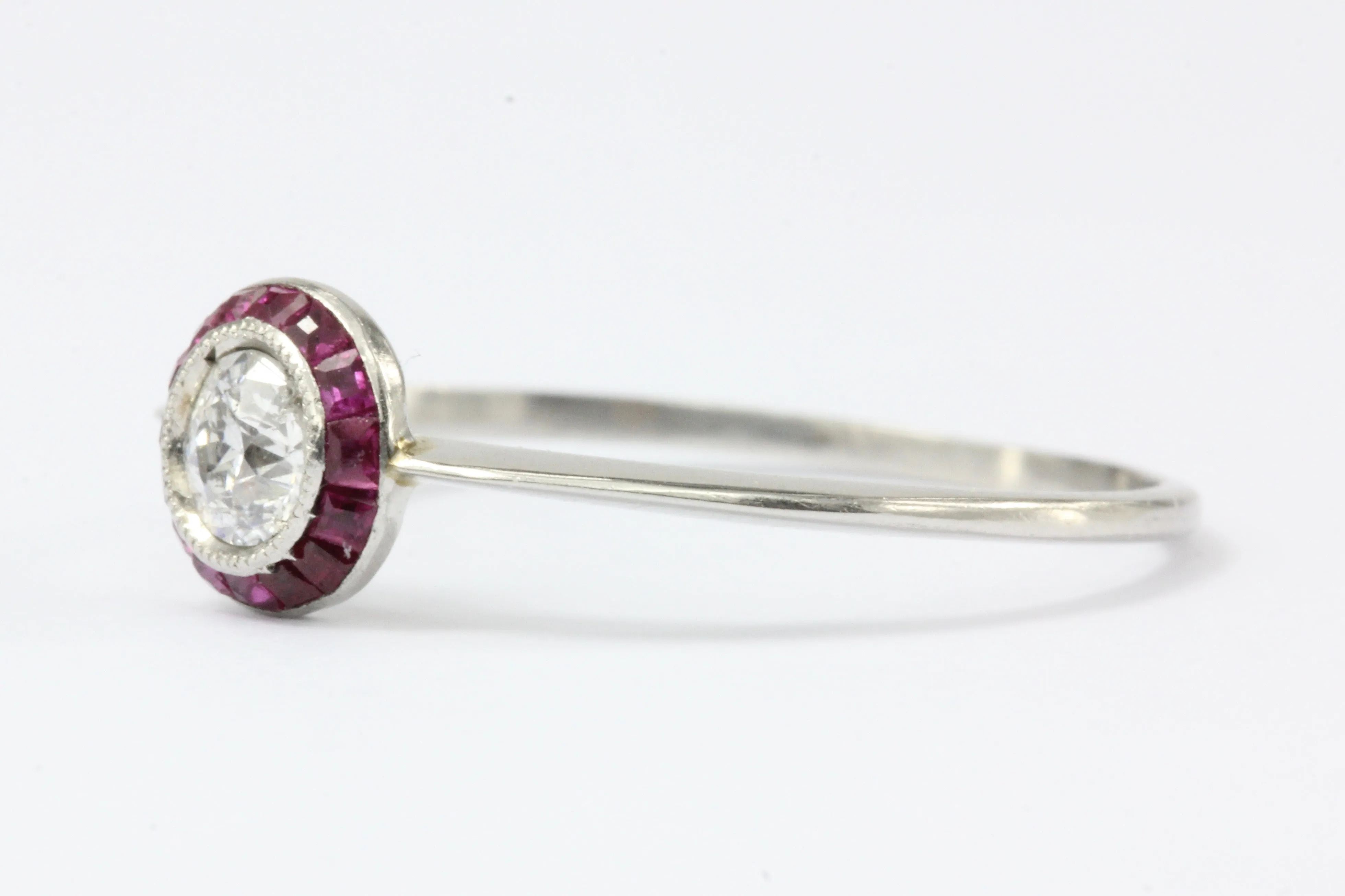 Art Deco Platinum Diamond and Ruby Halo Ring Size 7.25