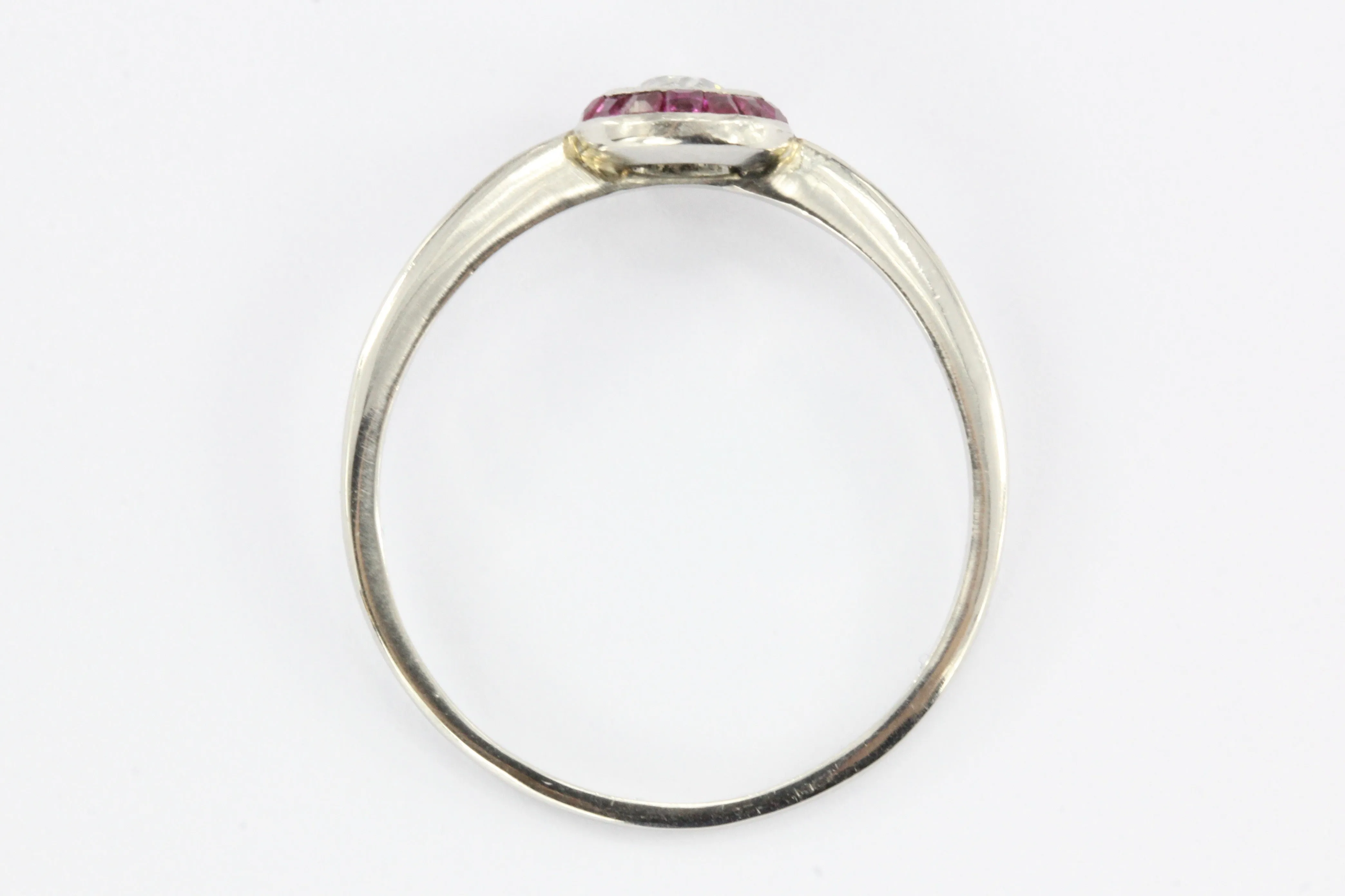 Art Deco Platinum Diamond and Ruby Halo Ring Size 7.25
