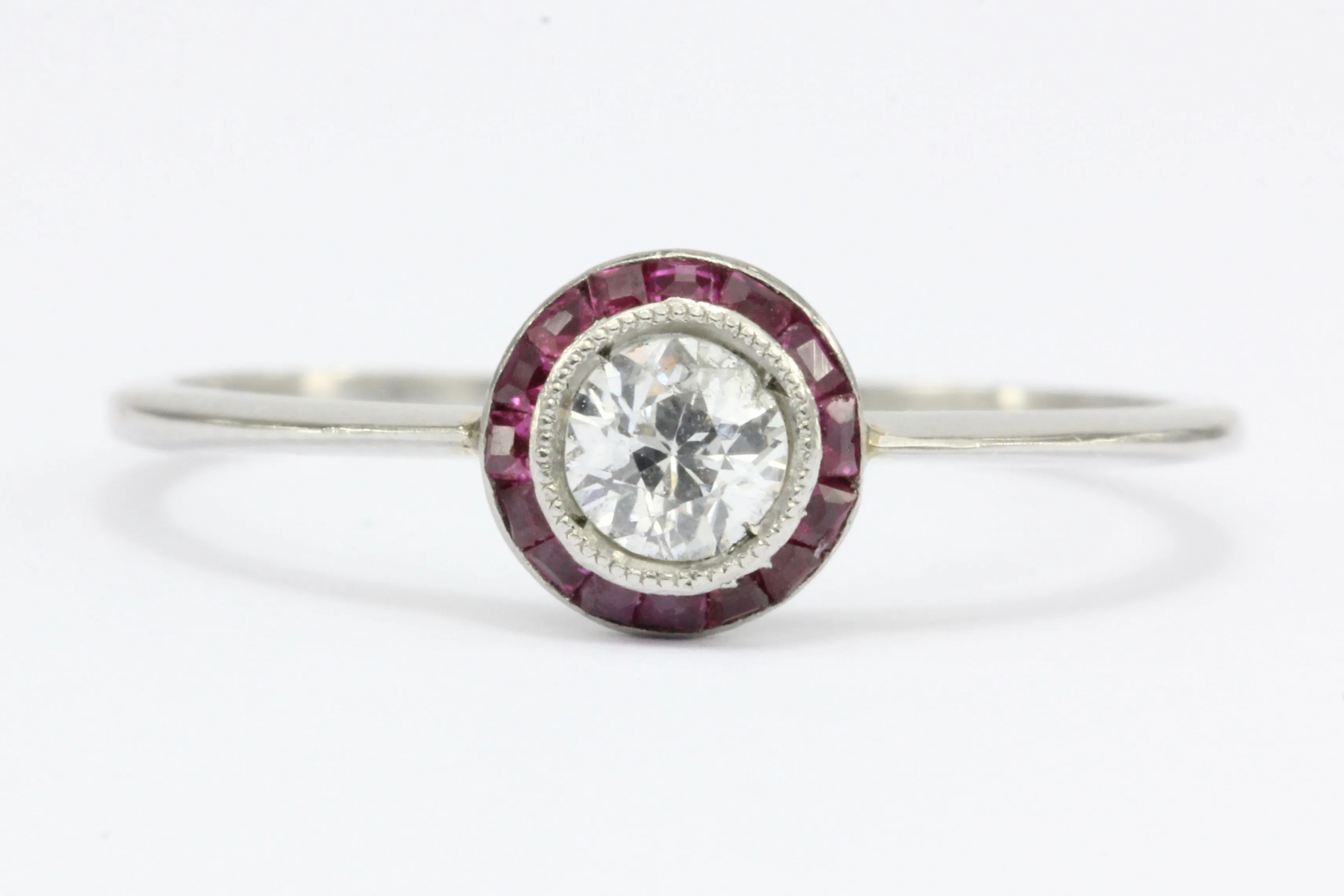 Art Deco Platinum Diamond and Ruby Halo Ring Size 7.25