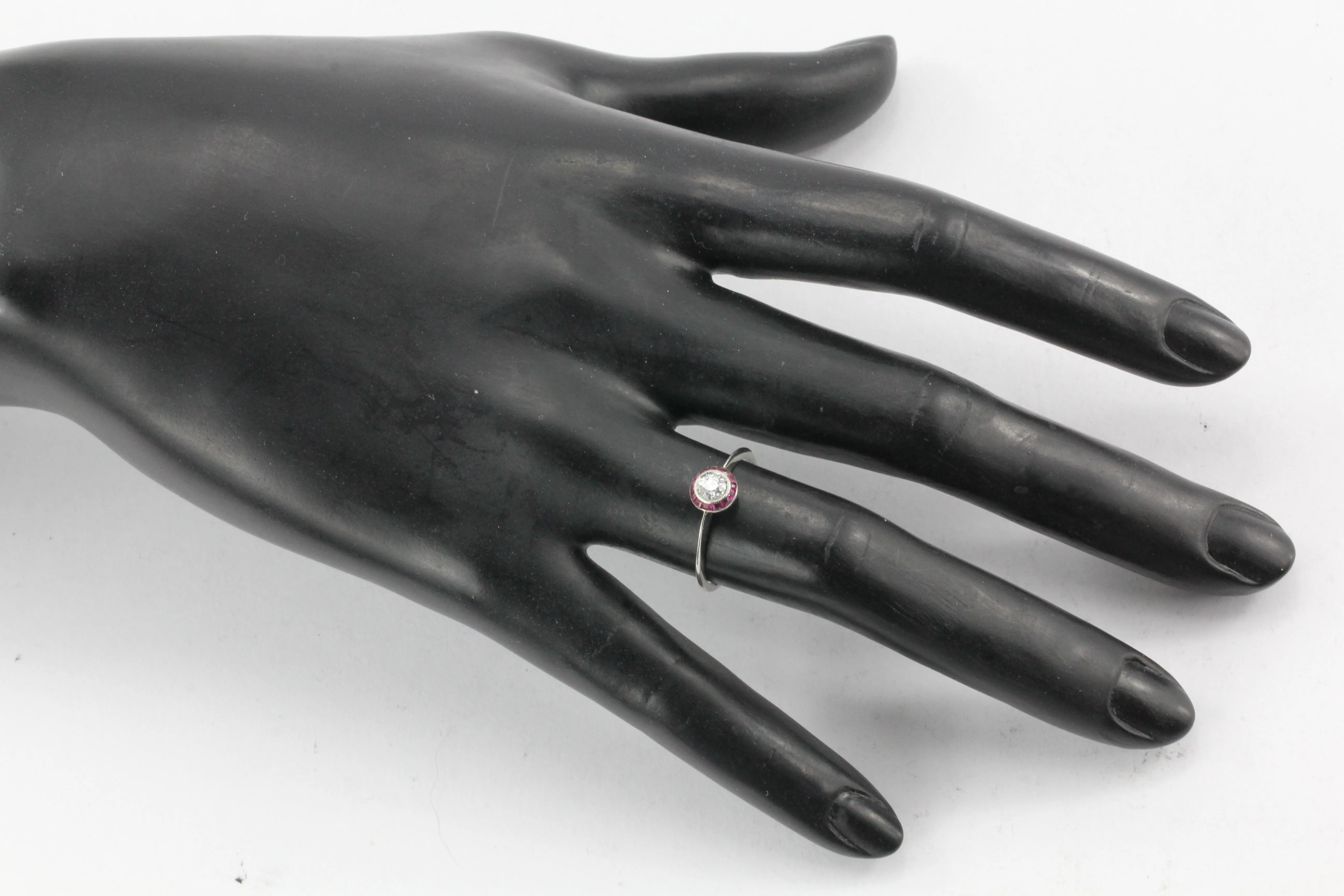 Art Deco Platinum Diamond and Ruby Halo Ring Size 7.25
