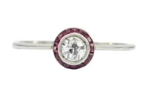 Art Deco Platinum Diamond and Ruby Halo Ring Size 7.25