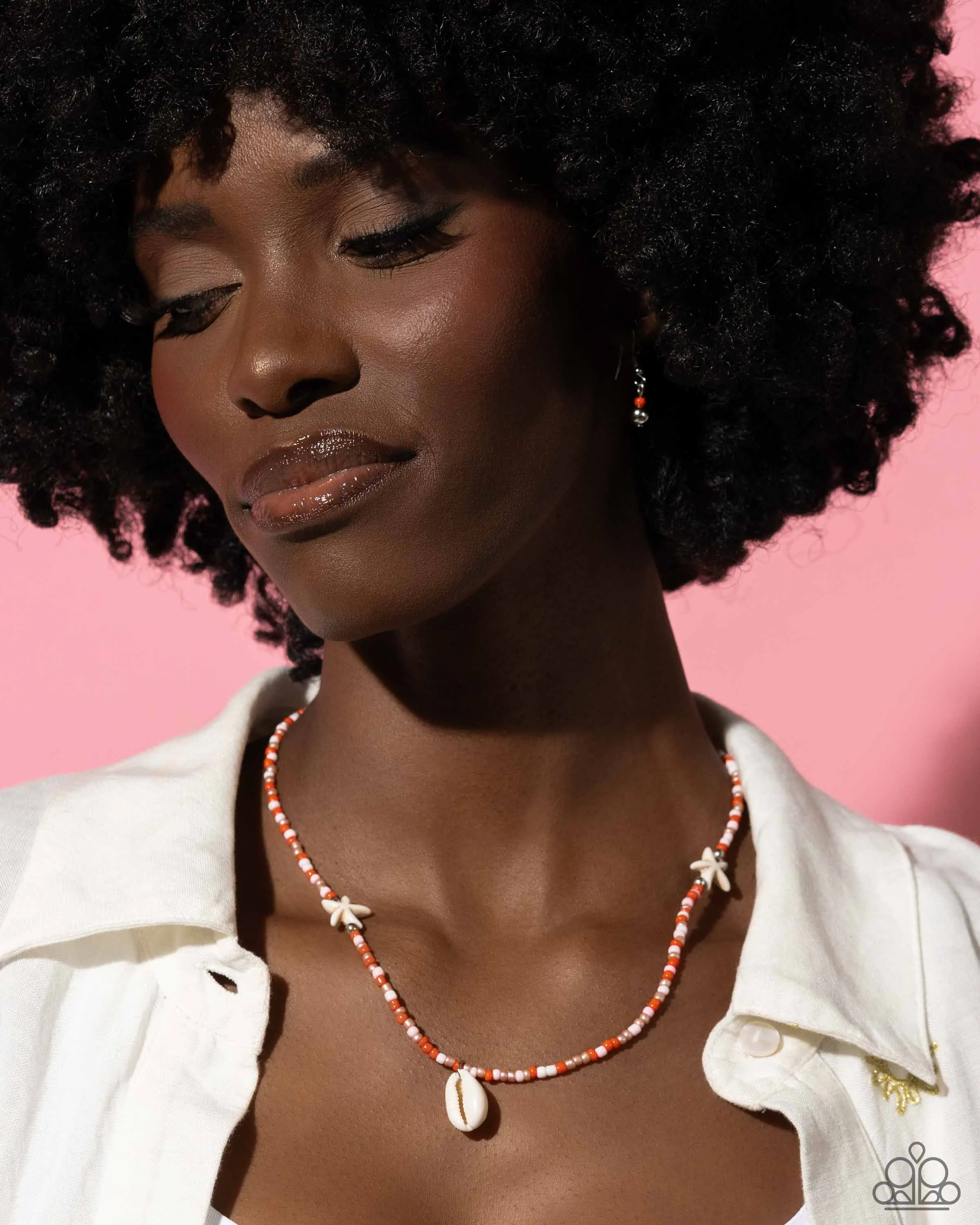 Beachside Beauty - Orange - and Pink Seed Bead White Shell and Starfish Bead Paparazzi Short Necklace