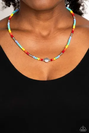 Beaming Bling - Multi - Rainbow Beaded Silver Smiley Face Paparazzi Short Necklace