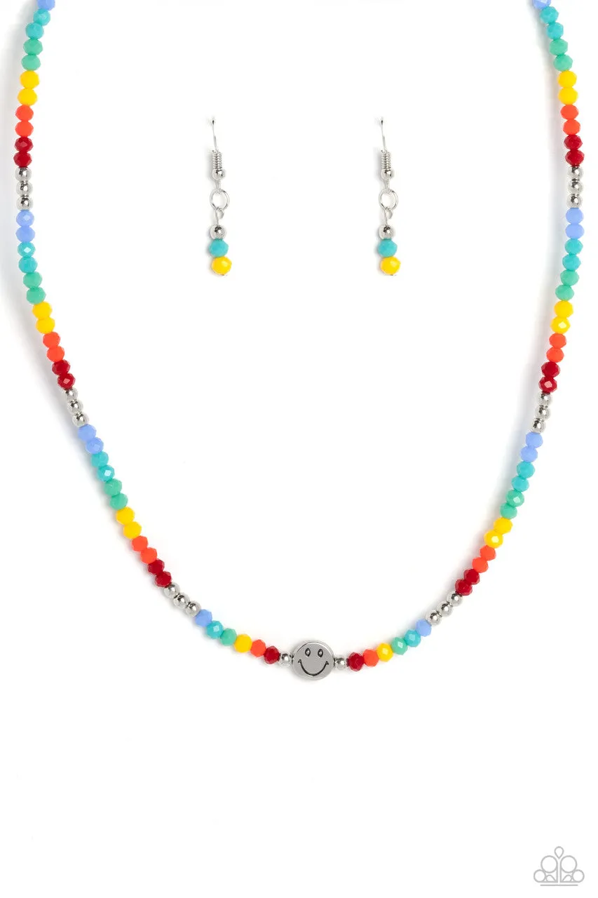Beaming Bling - Multi - Rainbow Beaded Silver Smiley Face Paparazzi Short Necklace