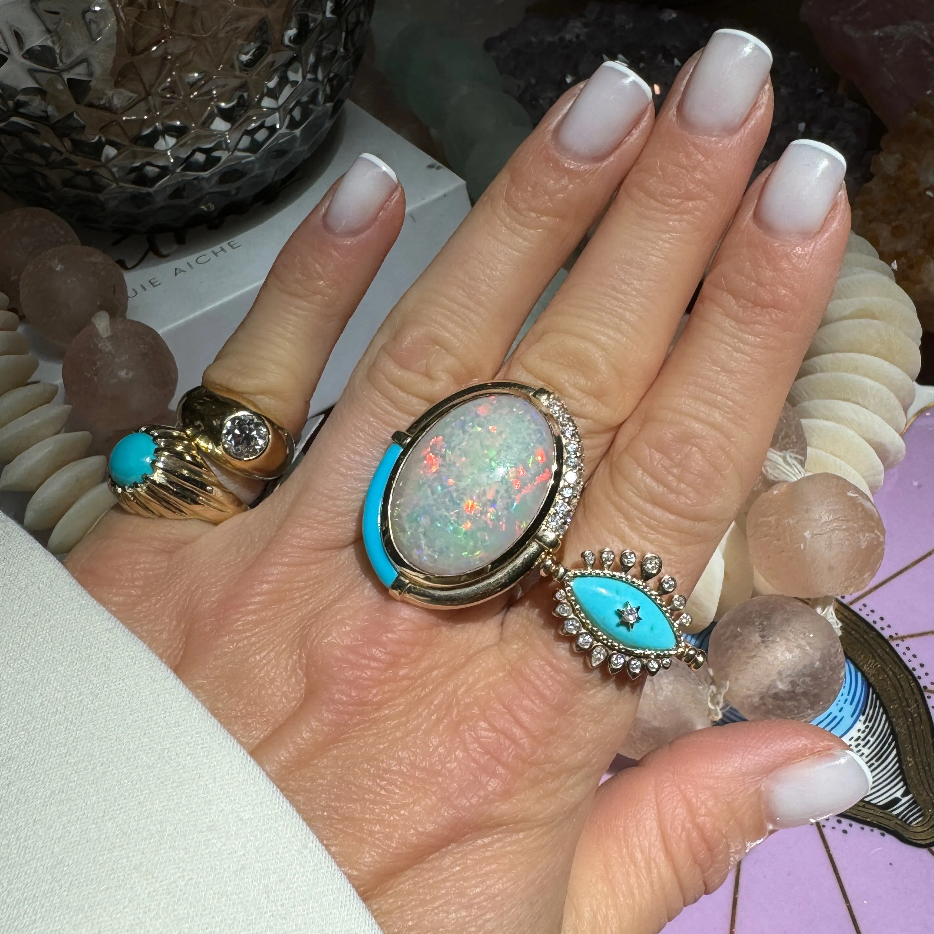Bejeweled Evil Eye Turquoise & Emerald Flip Ring