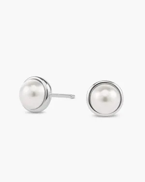 Bezeled Pearl Stud Earrings - Silver
