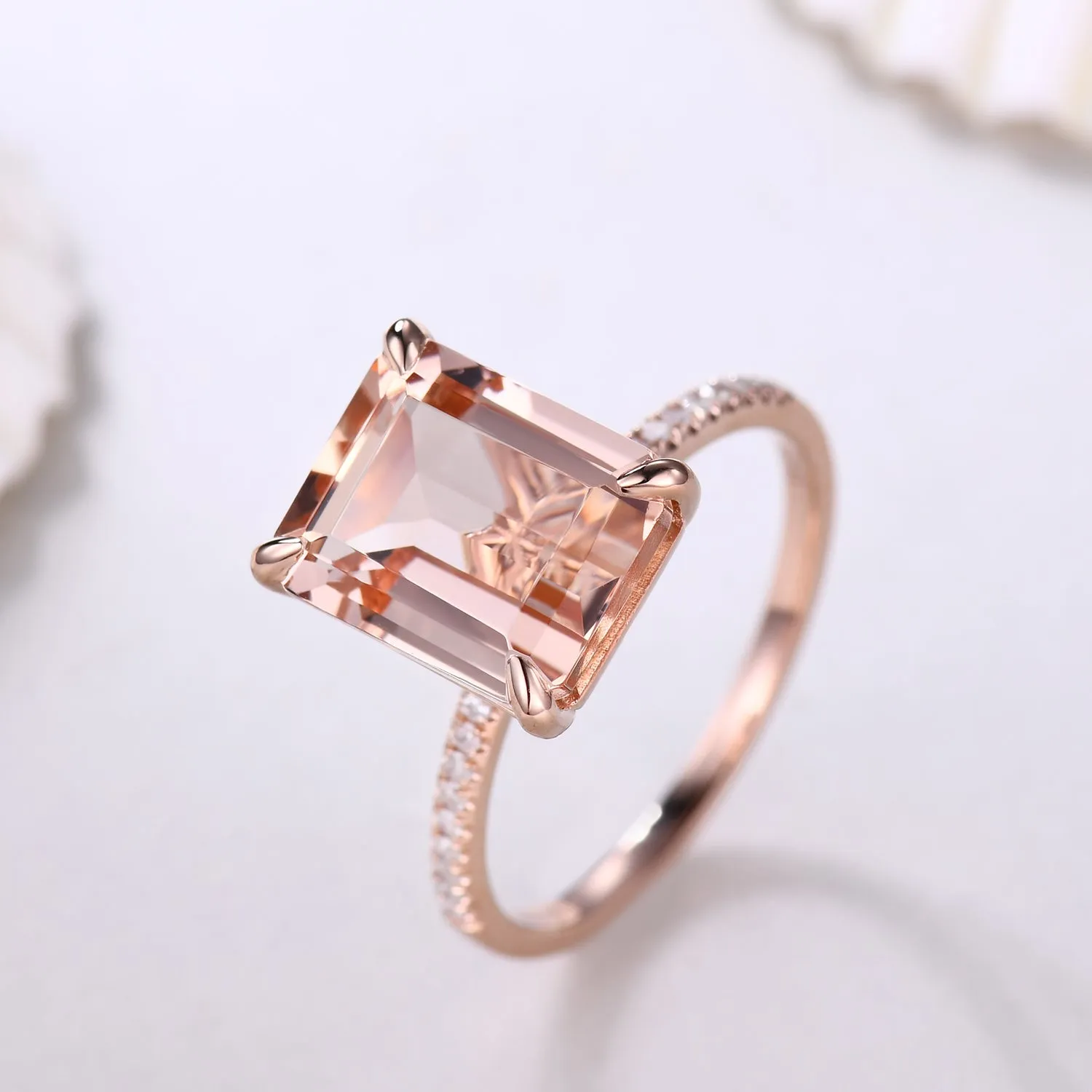Big 8x10mm Emerald Cut Morganite and Diamond Engagement Ring Petite Band
