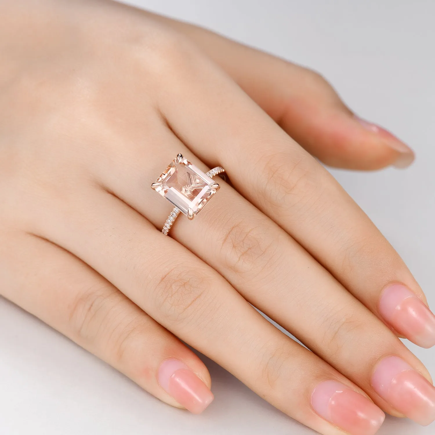 Big 8x10mm Emerald Cut Morganite and Diamond Engagement Ring Petite Band