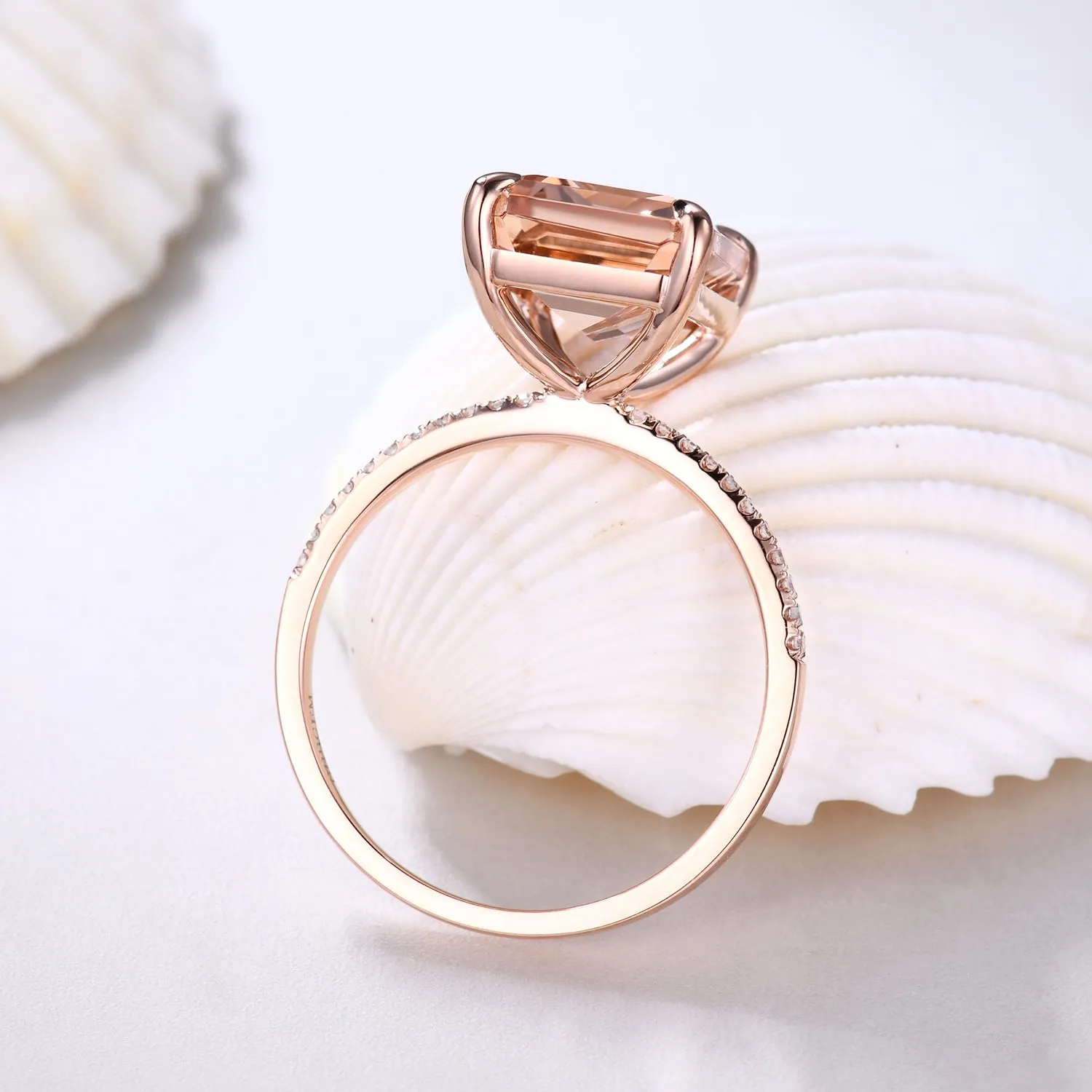 Big 8x10mm Emerald Cut Morganite and Diamond Engagement Ring Petite Band