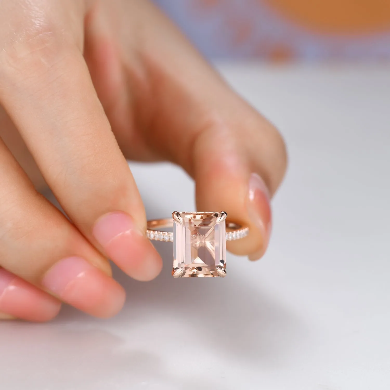 Big 8x10mm Emerald Cut Morganite and Diamond Engagement Ring Petite Band