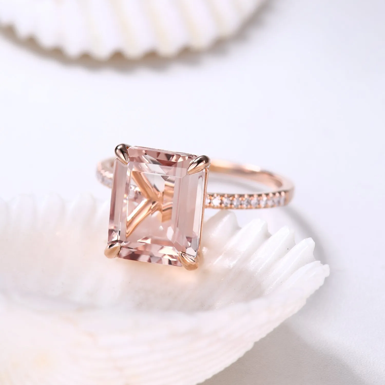 Big 8x10mm Emerald Cut Morganite and Diamond Engagement Ring Petite Band