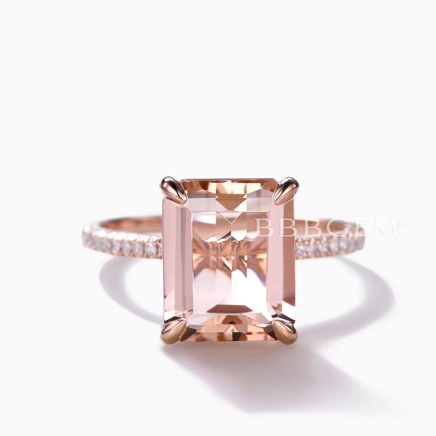 Big 8x10mm Emerald Cut Morganite and Diamond Engagement Ring Petite Band