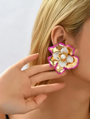Big gold hot pink Flower earrings , fuchsia gold studs large , huge gold stud earring , floral gold earrings , statement chunky gold studs