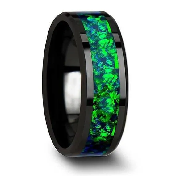 Black Ceramic Wedding Band Emerald Green & Sapphire Blue Color Opal Inlay 6mm & 8mm