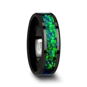 Black Ceramic Wedding Band Emerald Green & Sapphire Blue Color Opal Inlay 6mm & 8mm