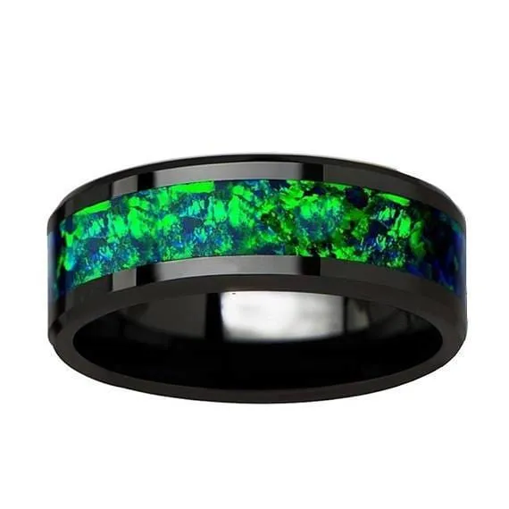 Black Ceramic Wedding Band Emerald Green & Sapphire Blue Color Opal Inlay 6mm & 8mm