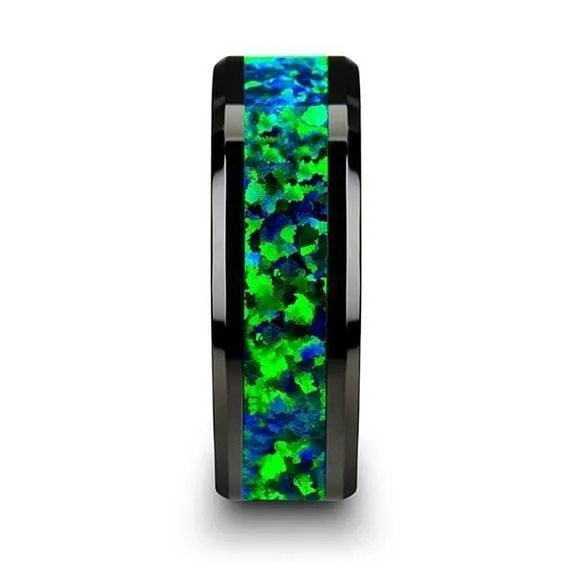 Black Ceramic Wedding Band Emerald Green & Sapphire Blue Color Opal Inlay 6mm & 8mm