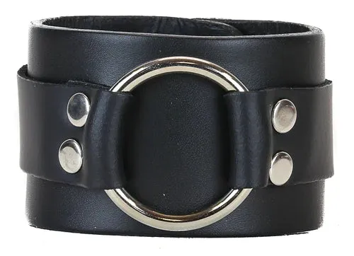 Black leather bracelet w/ large silver O ring connected strap