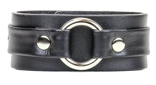 Black leather bracelet w/ small silver O ring connected strap
