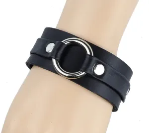 Black leather bracelet w/ small silver O ring connected strap