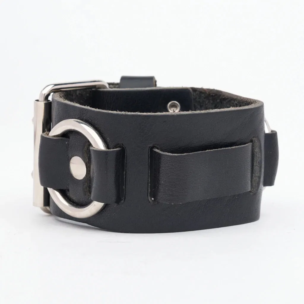 Black leather watchband w/ silver o ring detail