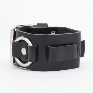 Black leather watchband w/ silver o ring detail