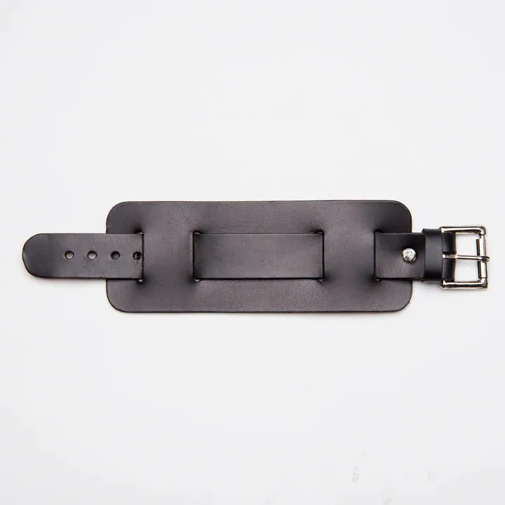 Black leather wide watchband w/ roller buckle