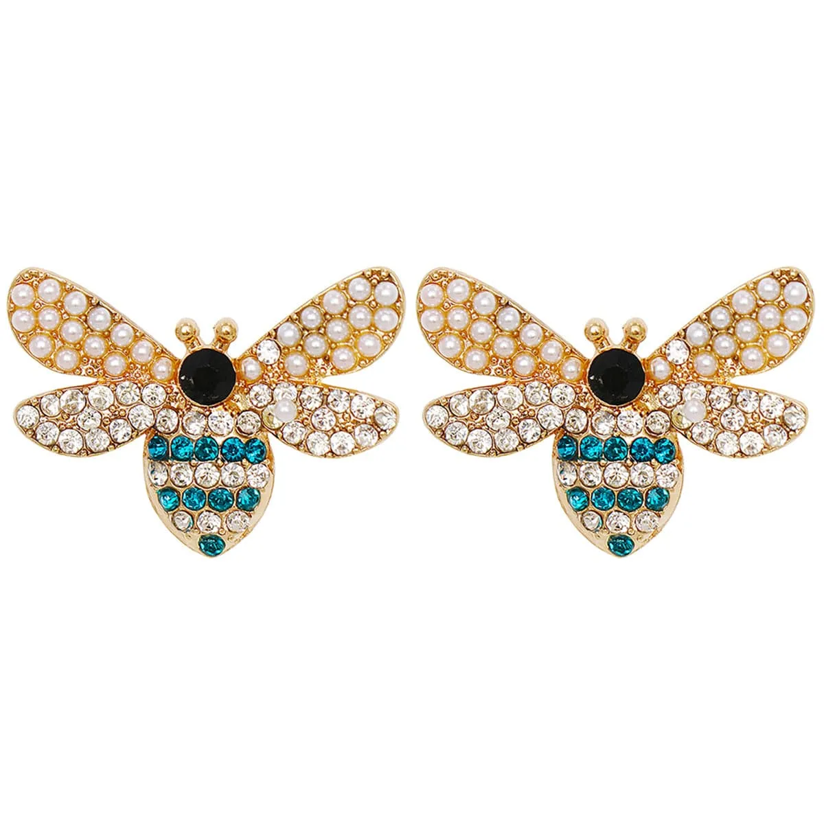 Blue Cubic Zirconia & Pearl 18K Gold-Plated Bee Stud Earrings