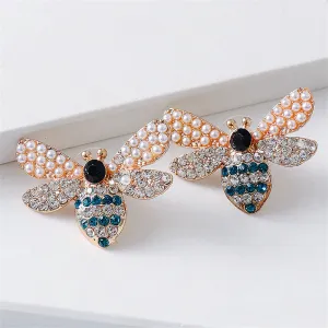 Blue Cubic Zirconia & Pearl 18K Gold-Plated Bee Stud Earrings