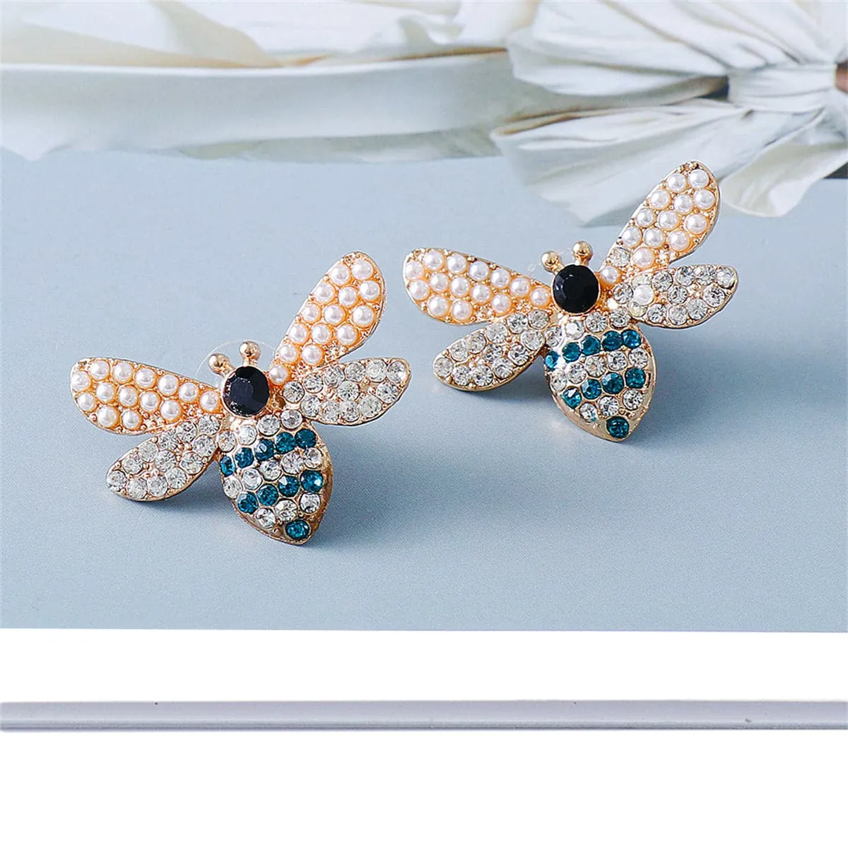 Blue Cubic Zirconia & Pearl 18K Gold-Plated Bee Stud Earrings