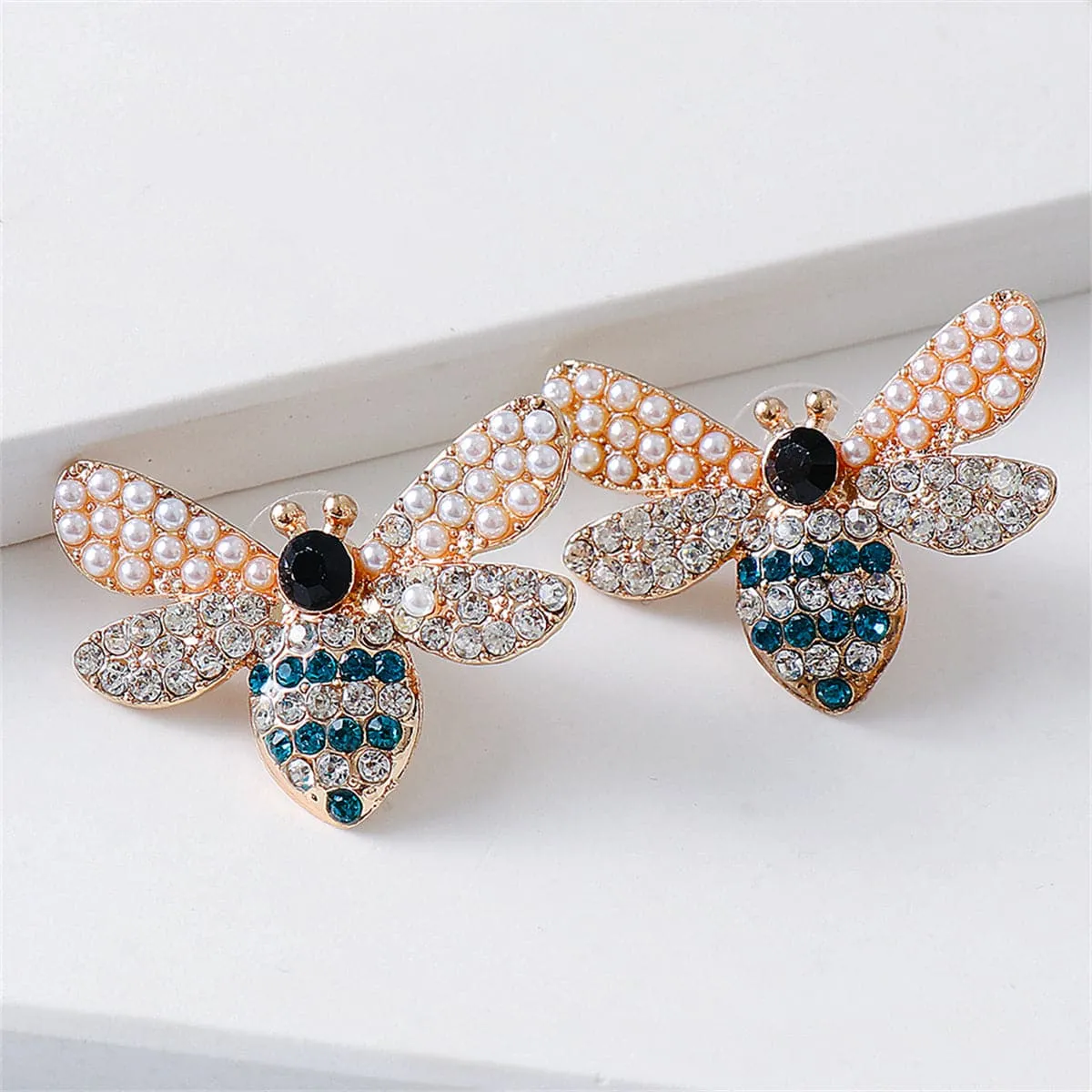 Blue Cubic Zirconia & Pearl 18K Gold-Plated Bee Stud Earrings