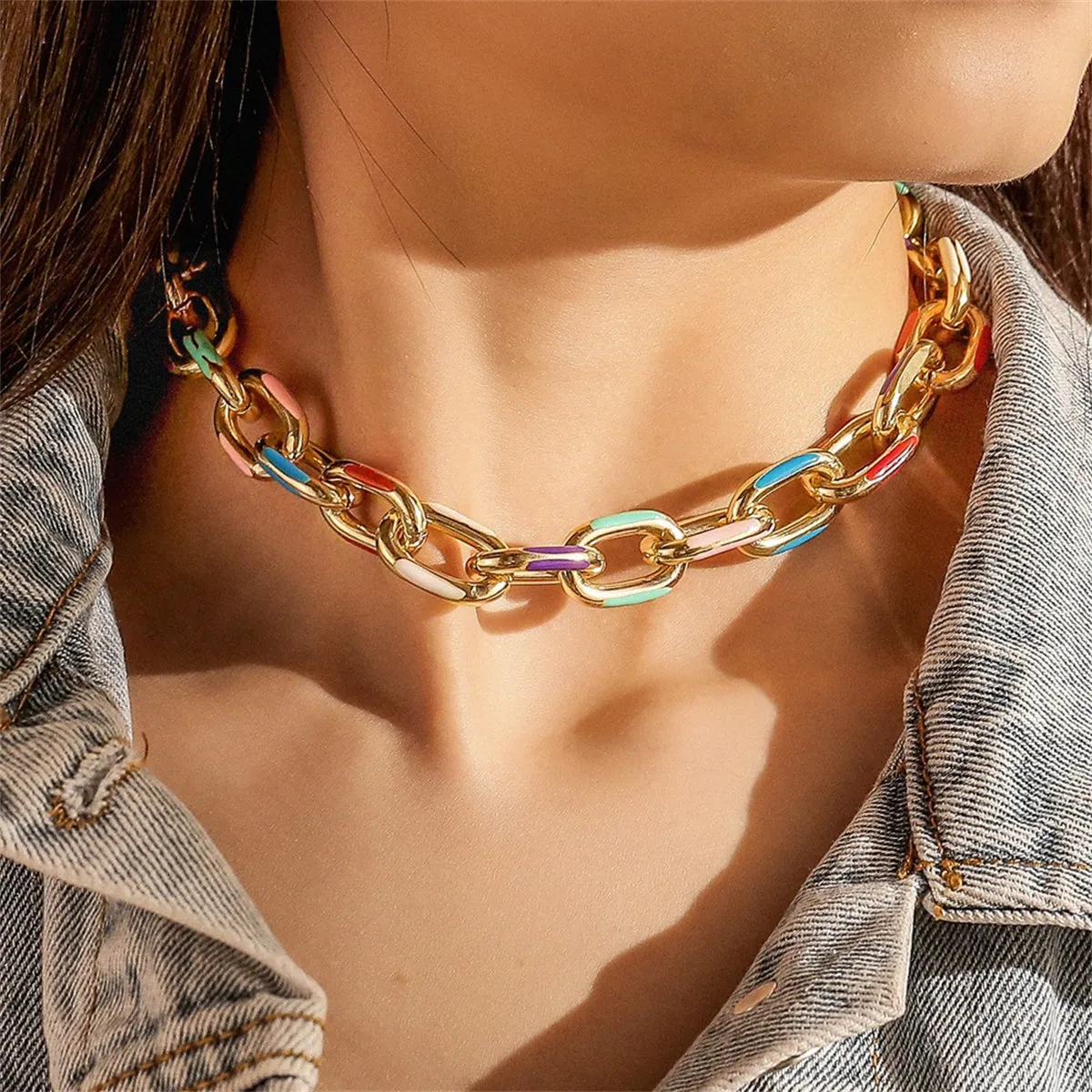 Blue Enamel & 18K Gold-Plated Chain Choker
