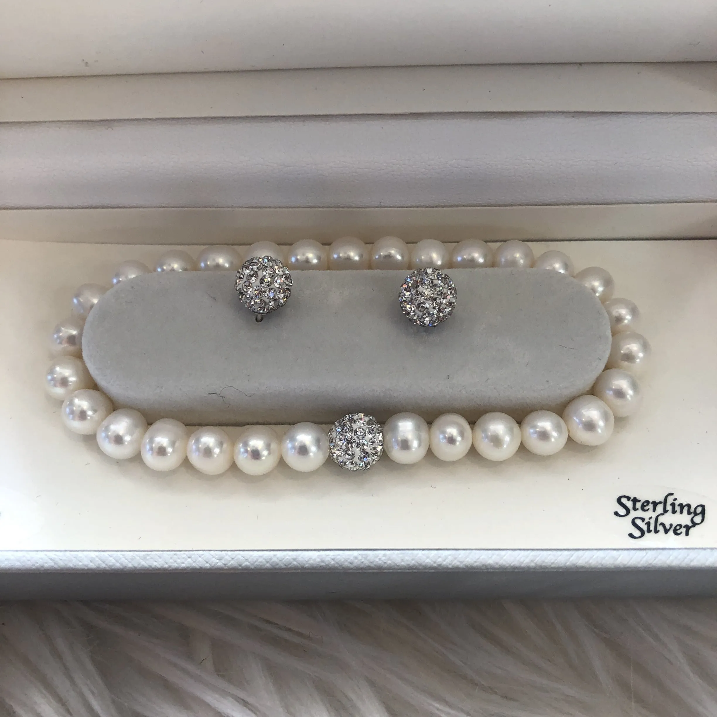 BOUTIQUE White Cultured Freshwater 7mm Pearl & Crystal Earring & Bracelet Set